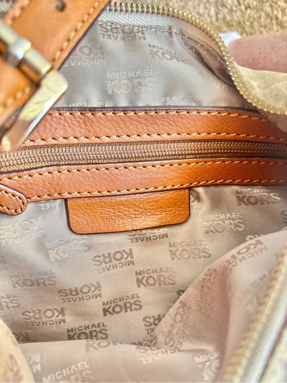 VTG Michael Kors Jacquard Logo Shoulder Bag Tan Y2K Canvas Leather Hobo Purse
